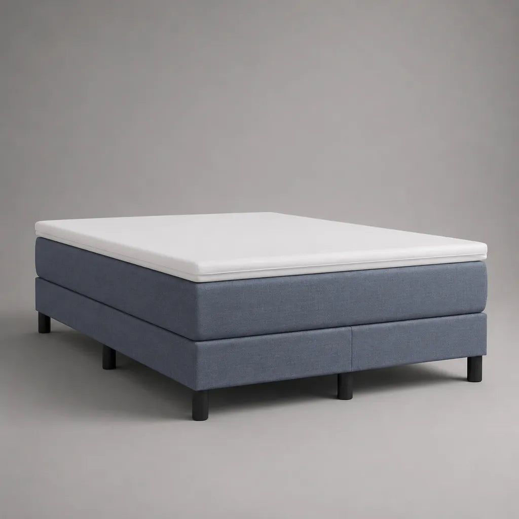Set di 2 pezzi – Letto a molla in tessuto blu grigio con materasso a molla e materasso in schiuma, 160 × 200 cm