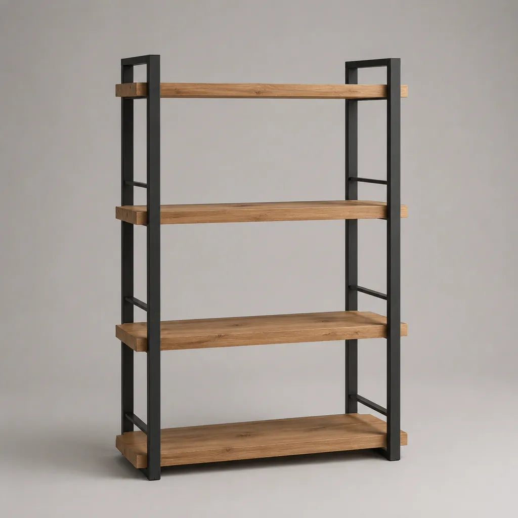 Ripiano rettangolare a 4 livelli in pino massiccio e acciaio nero, 100 × 35 × 150 cm