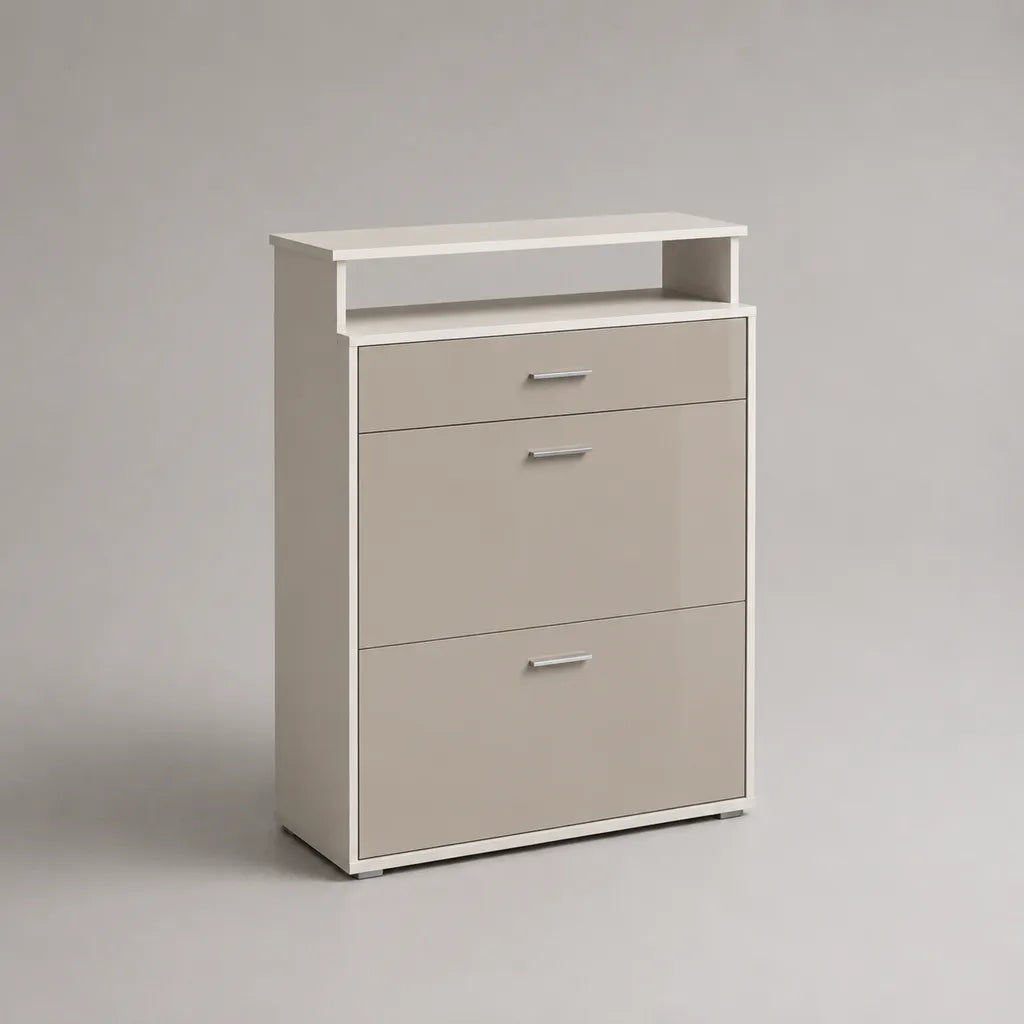 Armadio a scarponi a pannello di particelle, bianco rotto e grigio, 2 slasher, 1 cassetto e 1 nicchia, 75 × 24 × 110 cm