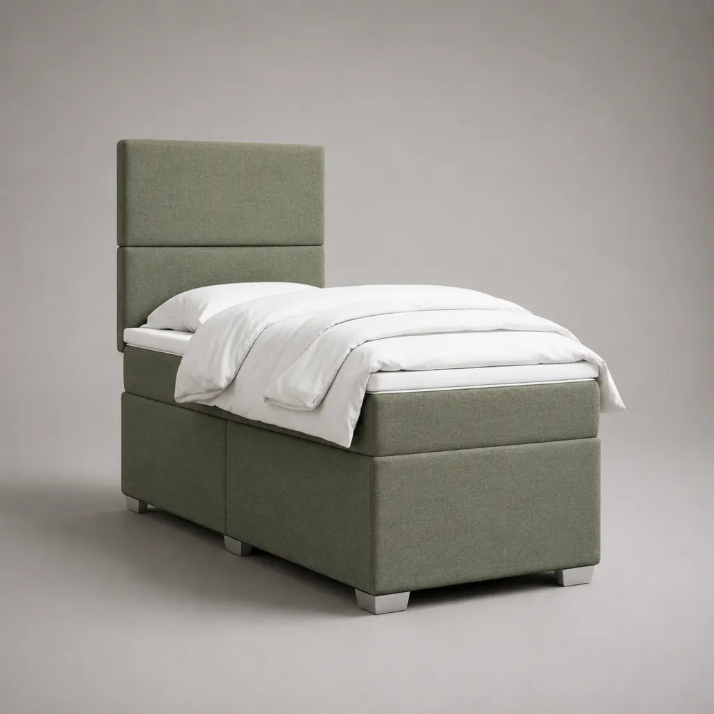 Letto singolo imbottito in poliestere verde con testa di letto rettangolare, letto 90 × 200 cm, dimensioni 100 × 210 × 140 cm
