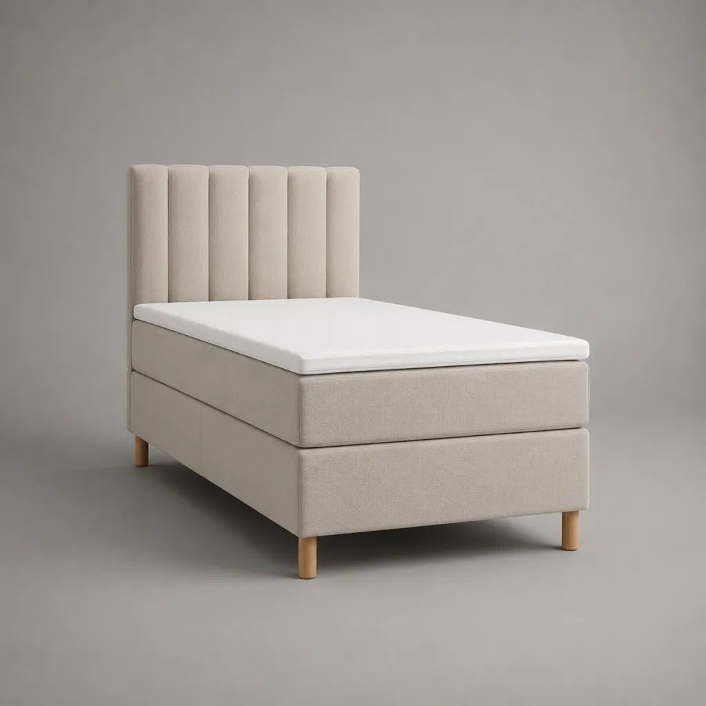 Letto imbottito a 1 posto in tessuto beige con testata, materassi e materassi, letto 90 × 200 cm, dimensioni 100 × 210 × 120 cm