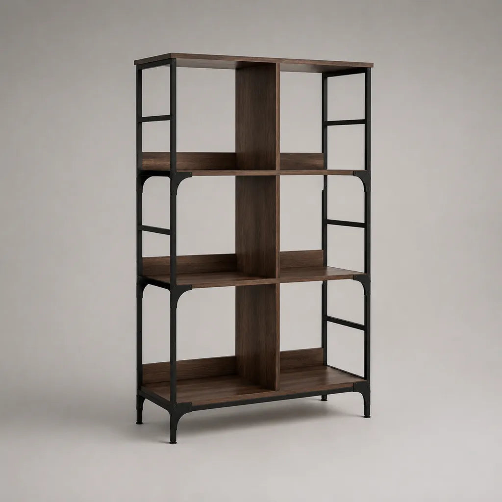 Libreria rettangolare aperta con 6 vani in legno e metallo, marrone noce e nero, 80 × 30 × 140 cm