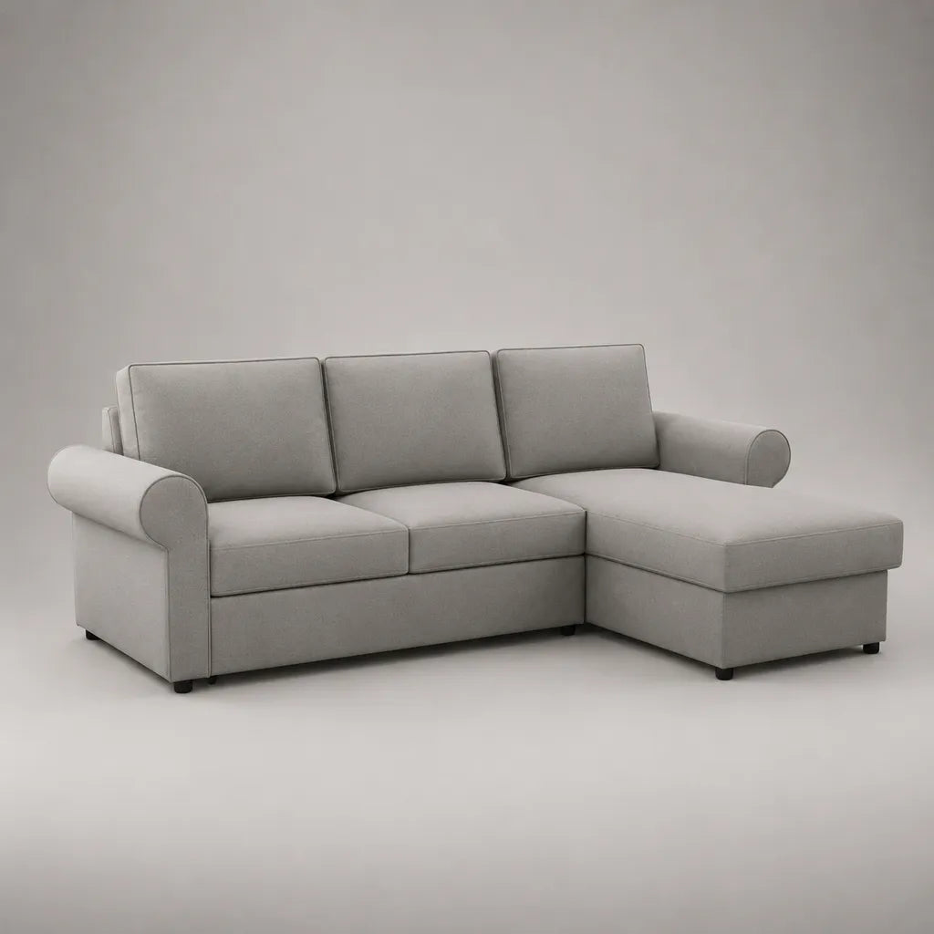 Divano angolo 3 posti in L con meridiano dritto, rivestimento in tessuto grigio chiaro 220 × 145 × 85 cm