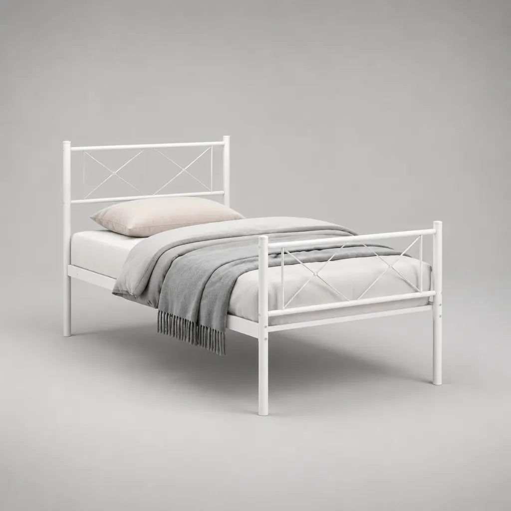 Cornice letto singolo in acciaio bianco 90 × 200 cm con 12 cravatte