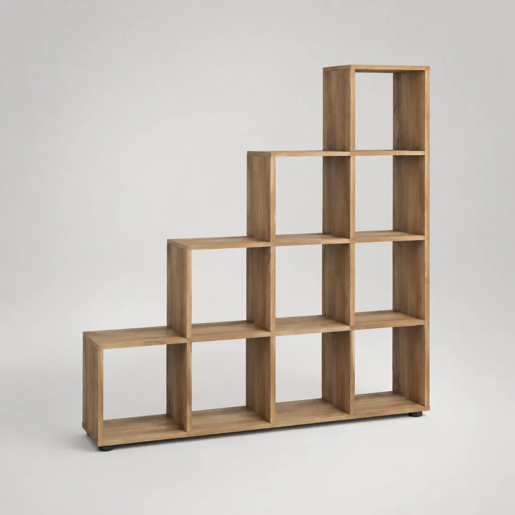 Scala di biblioteca con 10 nicchie in pannello di particelle, rovere leggero, 140 × 29 × 140 cm