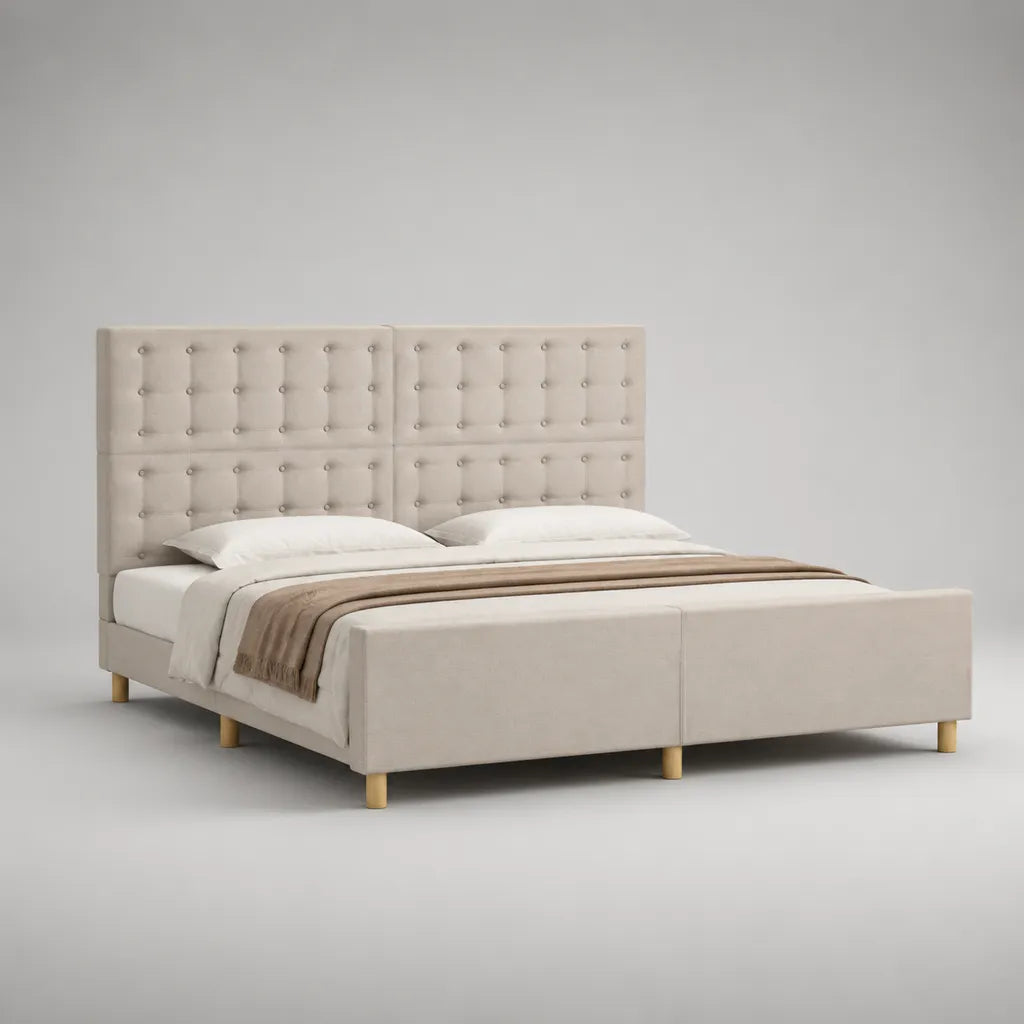 Letto matrimoniale imbottito in velluto poliestere beige con testa da letto imbottita, letto 180 × 200 cm, dimensioni 190 × 215 × 130 cm