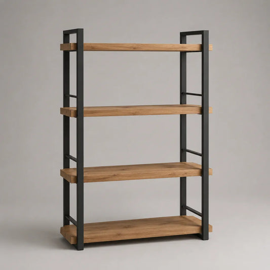 Ripiano rettangolare a 4 livelli in pino massiccio e acciaio nero, 100 × 35 × 150 cm