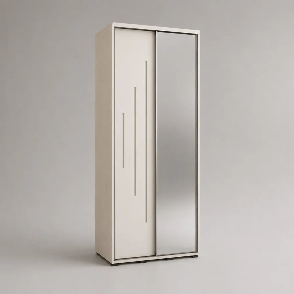Armadio rettangolare con 2 porte scorrevoli in pannelli a particelle con specchio, bianco e grigio argento, 80 × 50 × 190 cm