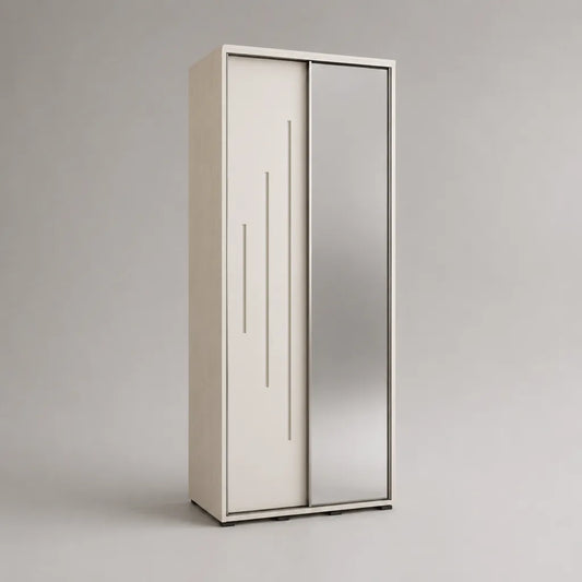 Armadio rettangolare con 2 porte scorrevoli in pannelli a particelle con specchio, bianco e grigio argento, 80 × 50 × 190 cm