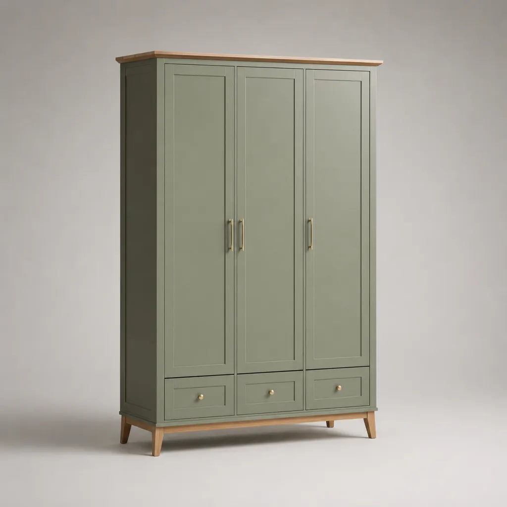 Armadio 3 porte e 3 cassetti in MDF verde e pino massiccio 120 × 55 × 190 cm