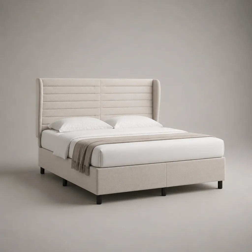 Letto matrimoniale rettangolare imbottito in tessuto beige e nero con testata alata, letto 160 × 200 cm, dimensioni 181 × 217 × 118 cm