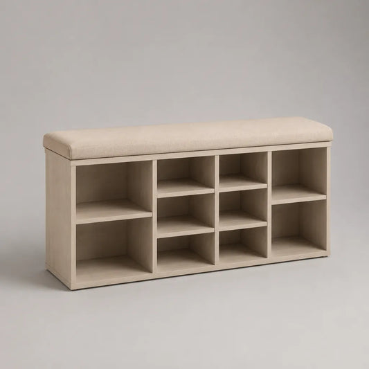 Armadio scarpe in legno e tessuto beige con panca imbottita, 10 scomparti, 104 × 30 × 50 cm