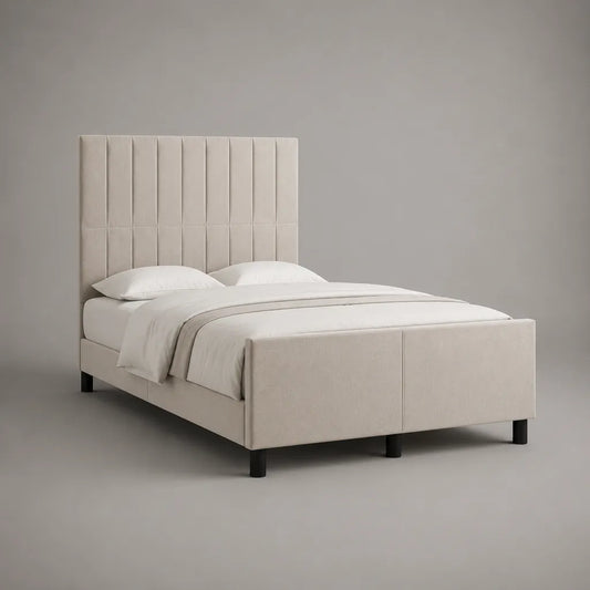 Letto matrimoniale imbottito in tessuto beige 160 × 200 cm, dimensioni 218 × 170 × 130 cm, con letto testa e piede