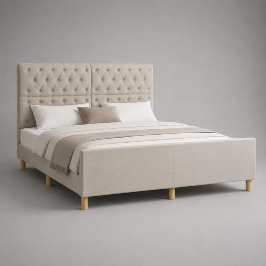 Letto matrimoniale imbottito in poliestere beige e legno naturale, letto 180 × 200 cm, dimensioni 215 × 188 × 120 cm