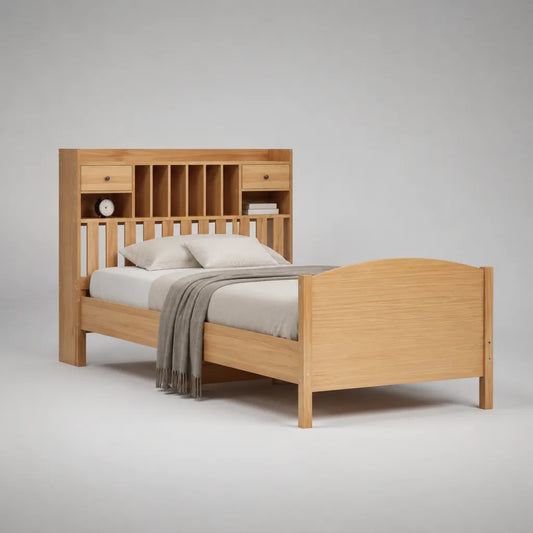 Letto matrimoniale in pannelli in melamina con testata di biblioteca e 2 cassetti, rovere naturale, letto 140 × 200 cm, dimensioni 153 × 218 × 160 cm