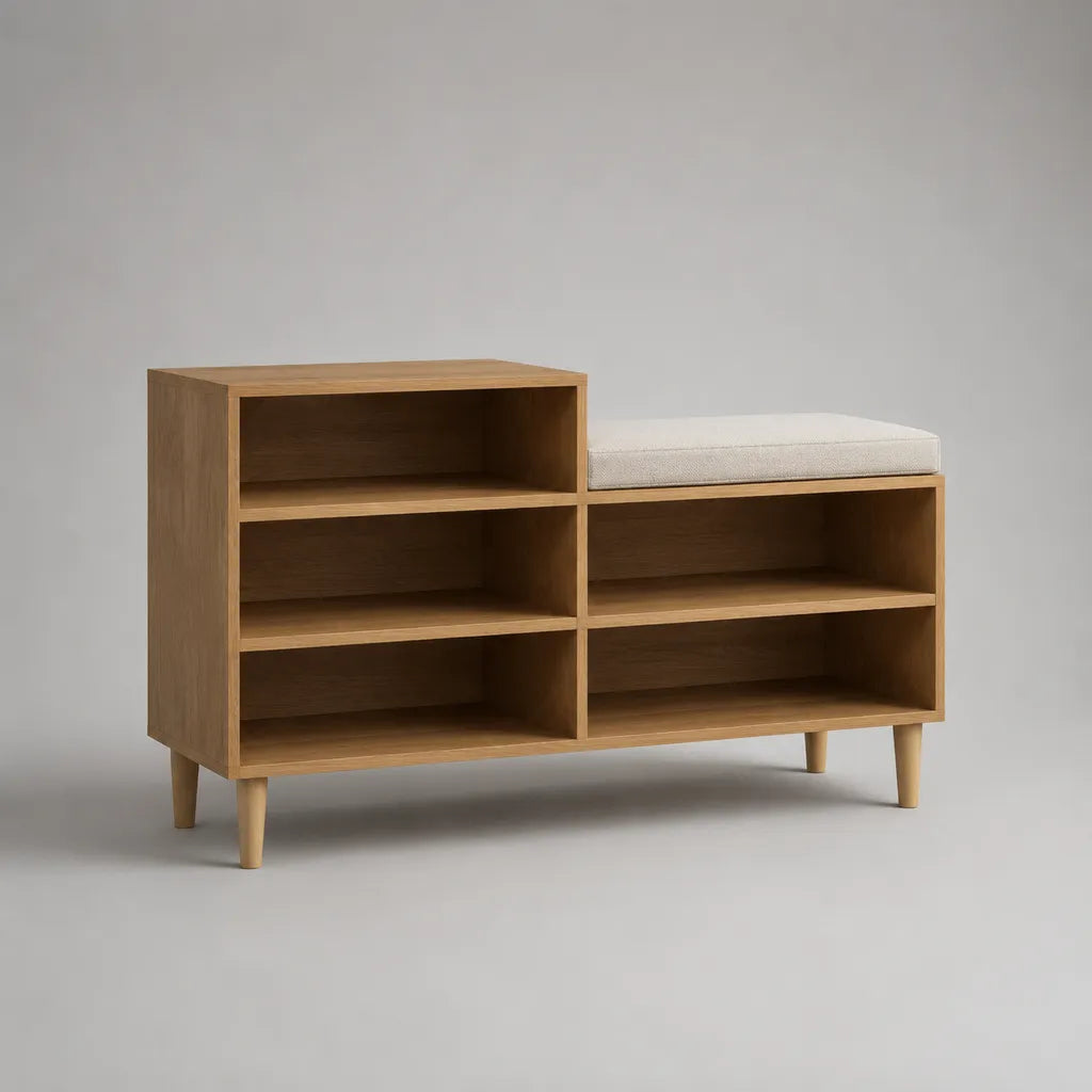 Scarpe in legno con panca imbottita, 5 nicchie aperte, effetto rovere naturale e cuscino bianco rotto, 100 × 35 × 75 cm