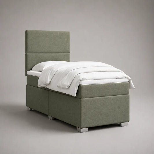 Letto singolo imbottito in poliestere verde con testa di letto rettangolare, letto 90 × 200 cm, dimensioni 100 × 210 × 140 cm