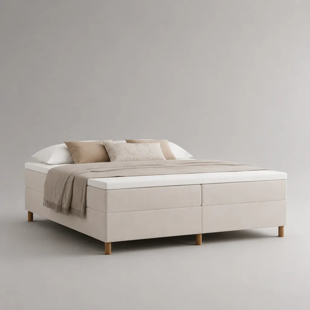 Letto matrimoniale imbottito in tessuto beige 180 × 200 cm con due materassi e materassi