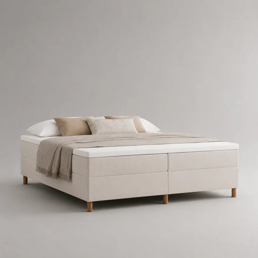 Letto matrimoniale imbottito in tessuto beige 180 × 200 cm con due materassi e materassi