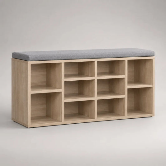 Panca calzature con cuscino e stoccaggio con 10 armadietti, pannello di particelle e tessuto, rovere chiaro e grigio, 104 × 30 × 48 cm