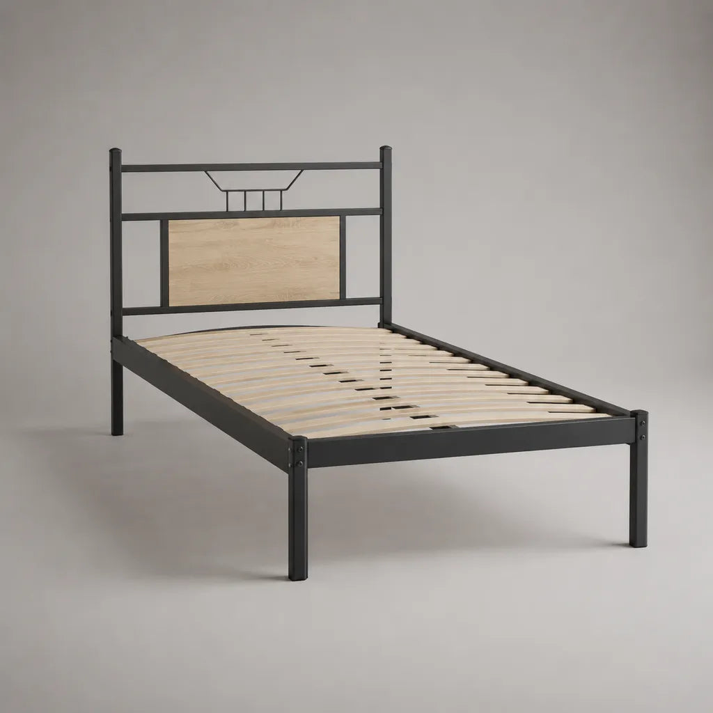 Letto singolo 90 × 200 cm in acciaio nero con letto con latte in legno e leggera decorazione di rovere letto testa