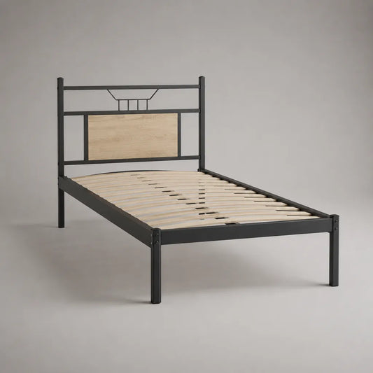 Letto singolo 90 × 200 cm in acciaio nero con letto con latte in legno e leggera decorazione di rovere letto testa