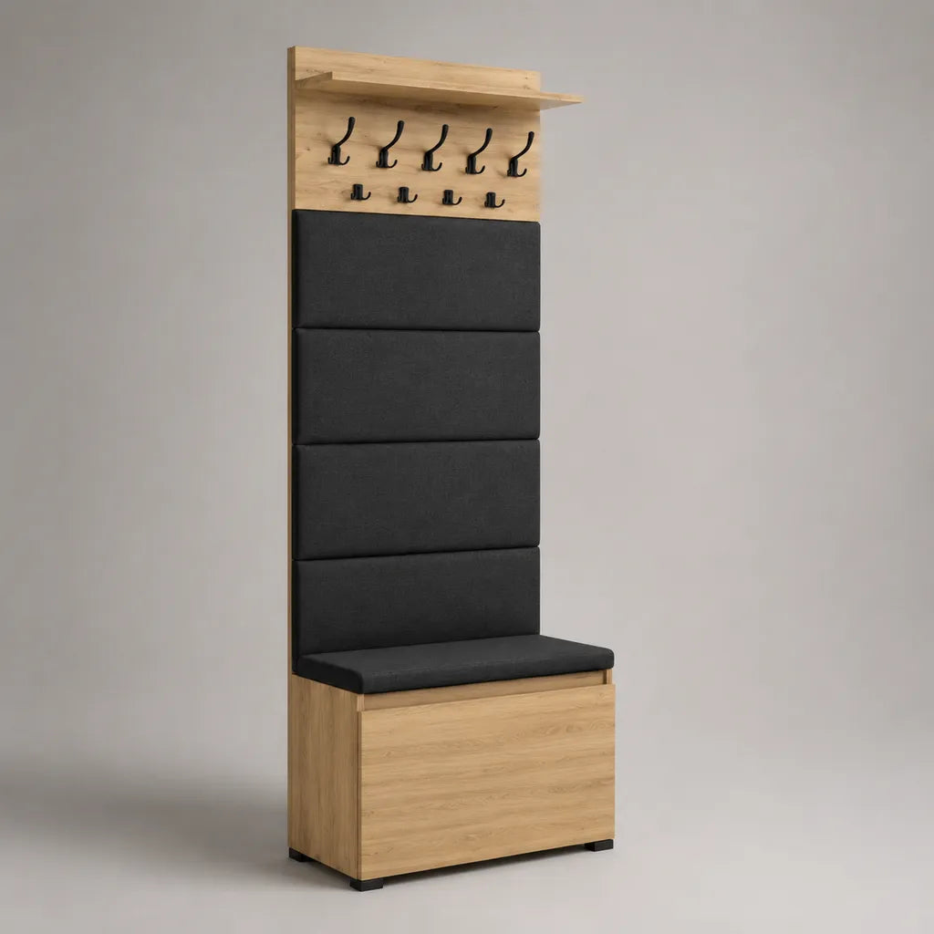 Armadio interno con panca, cassa per scarpe e portamantelli in legno, tessuto e metallo, rovere leggero e nero, 80 × 40 × 210 cm