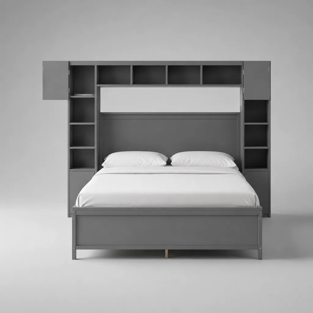 Letto matrimoniale con contenitori in pannello di particelle melamine antracite grigia, letto 160 × 200 cm, dimensioni 260 × 215 × 220 cm