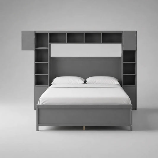 Letto matrimoniale con contenitori in pannello di particelle melamine antracite grigia, letto 160 × 200 cm, dimensioni 260 × 215 × 220 cm