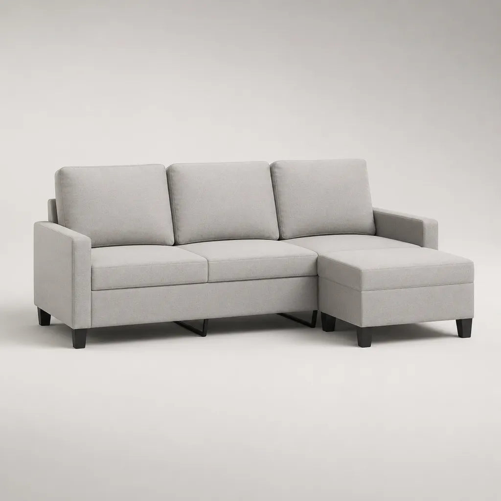 Divano angolo 3 posti in tessuto grigio chiaro con meridiano dritto, 220 × 145 × 86 cm