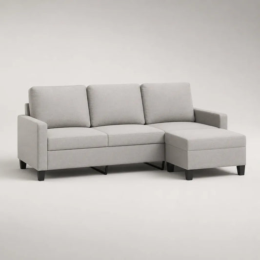 Divano angolo 3 posti in tessuto grigio chiaro con meridiano dritto, 220 × 145 × 86 cm