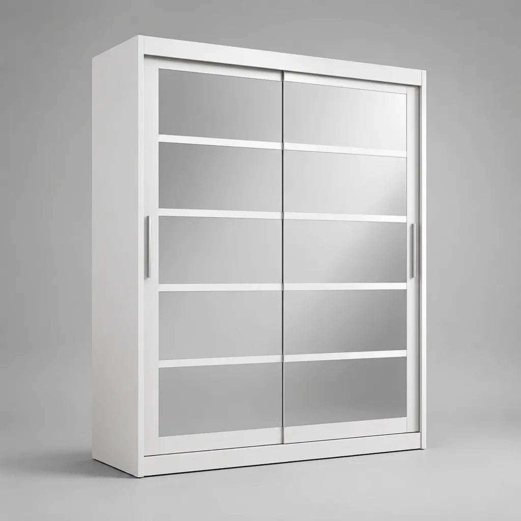 Bianco armadio scorrevole 2 porte con specchio, in pannello di particelle melamine, 150 × 60 × 200 cm