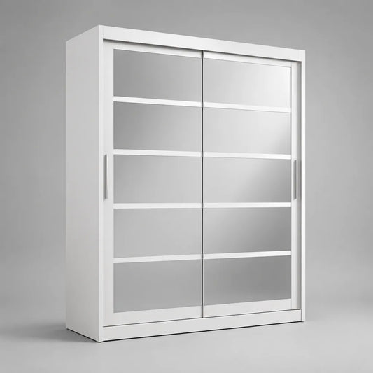 Bianco armadio scorrevole 2 porte con specchio, in pannello di particelle melamine, 150 × 60 × 200 cm