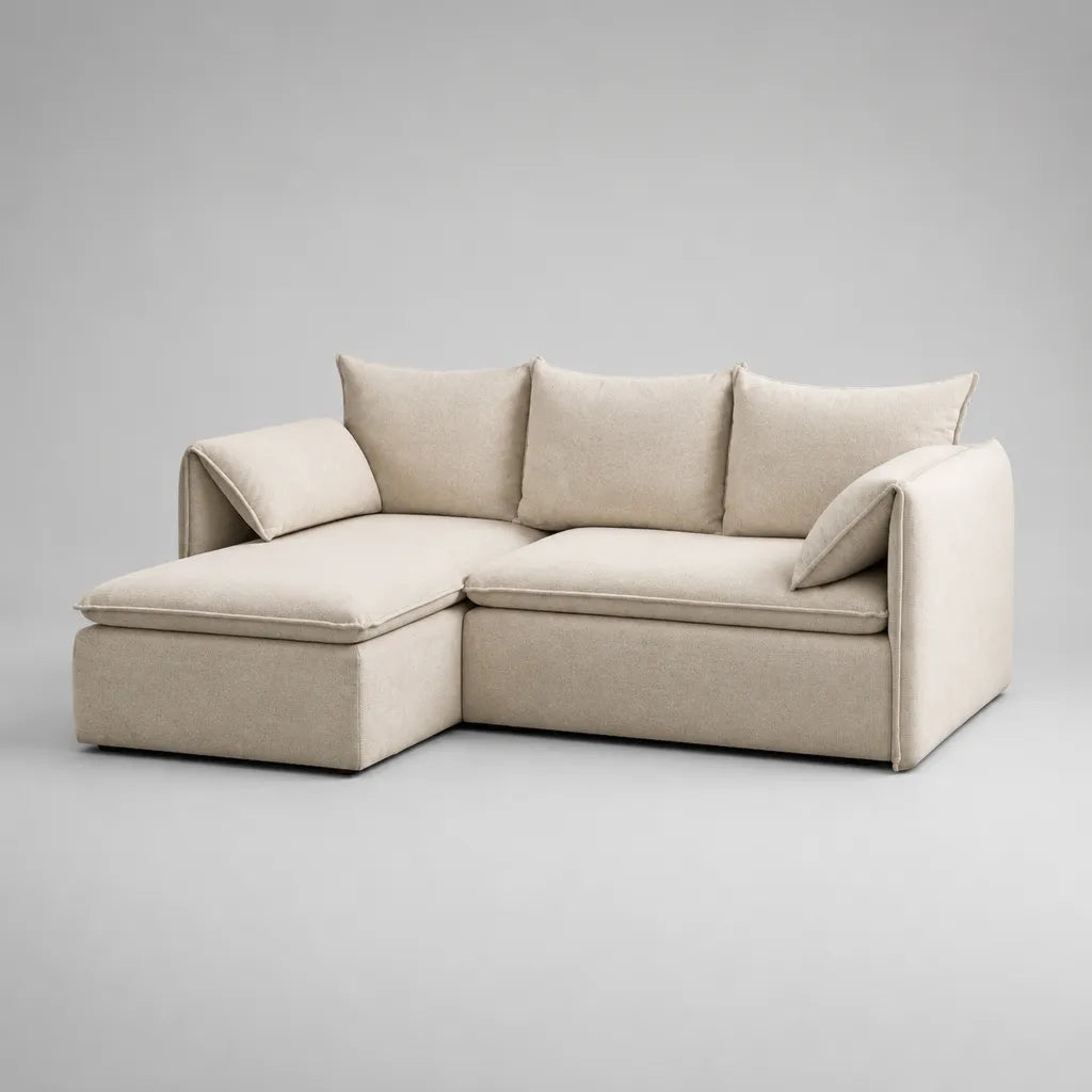 Divano angolo 3 posti in tessuto beige con meridiano sinistro, 220 × 150 × 85 cm