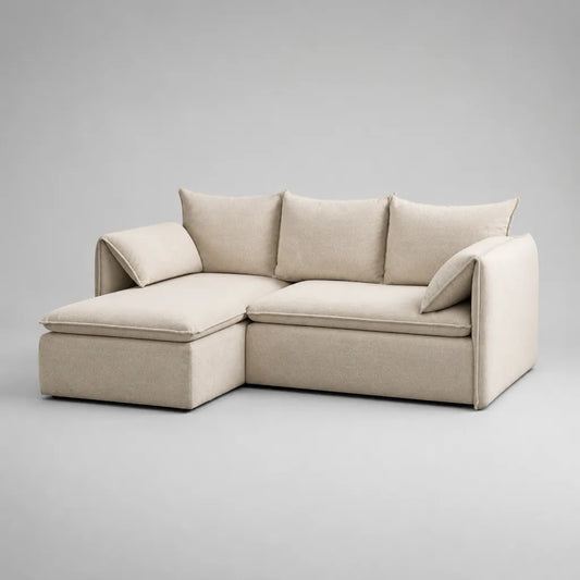 Divano angolo 3 posti in tessuto beige con meridiano sinistro, 220 × 150 × 85 cm