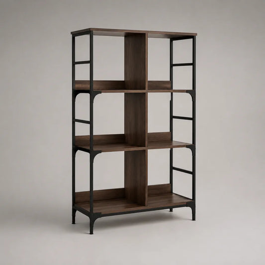 Libreria rettangolare aperta con 6 vani in legno e metallo, marrone noce e nero, 80 × 30 × 140 cm