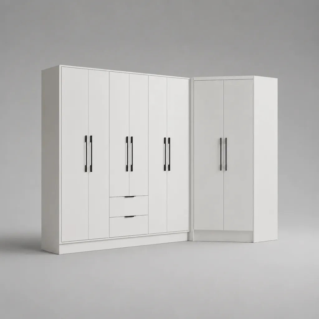 Set di 2 armadi a pannello a particelle in bianco e nero, 8 porte e 2 cassetti, armadietto destro 240 × 52 × 210 cm e armadietto angolare 100 × 100 × 210 cm