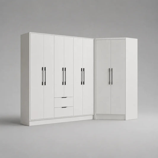 Set di 2 armadi a pannello a particelle in bianco e nero, 8 porte e 2 cassetti, armadietto destro 240 × 52 × 210 cm e armadietto angolare 100 × 100 × 210 cm
