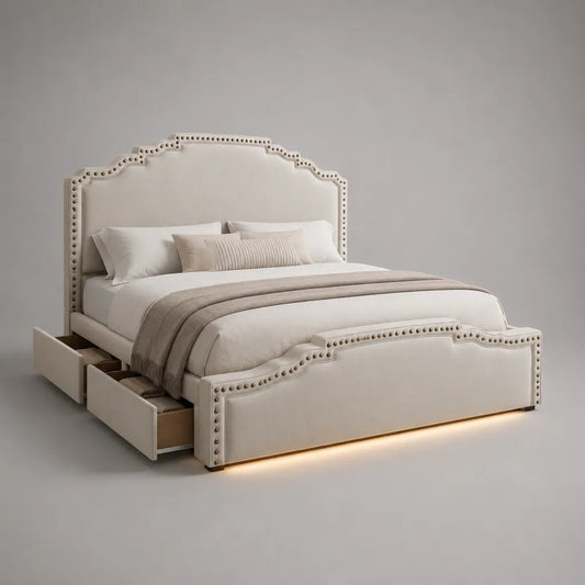 Letto matrimoniale imbottito in poliestere beige 160 × 200 cm con 2 cassetti e illuminazione a LED, 174 × 223 × 145 cm